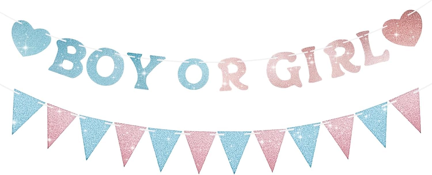 Boy or Girl Banner Gender Reveal Decorations, Pre-Strung Glitter Baby Gender Reveal Sign, No DIY He or She Party Decor for Girl Boy Shower Photo Backdrop Props Supplies (Style-2)