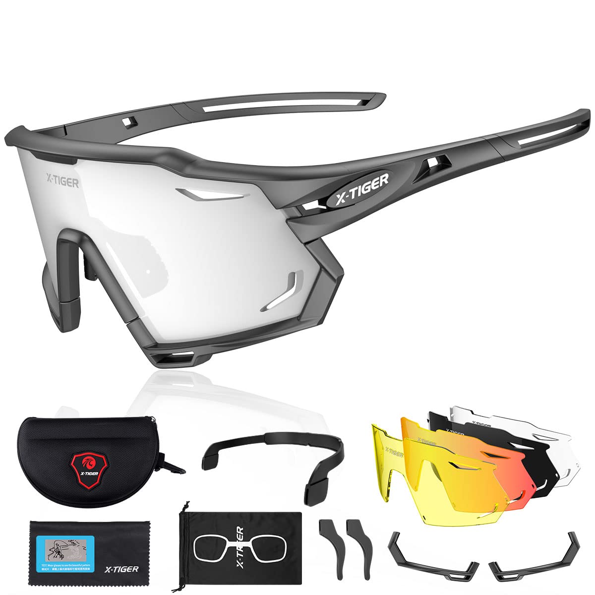X-TIGER Gafas de Ciclismo con 5 Lentes Intercambiables Montura TR90 Gafas de Bicicleta, Moto MTB Bicicleta Carrera de béisbol, Escalada Deportes al aire libre Gafas