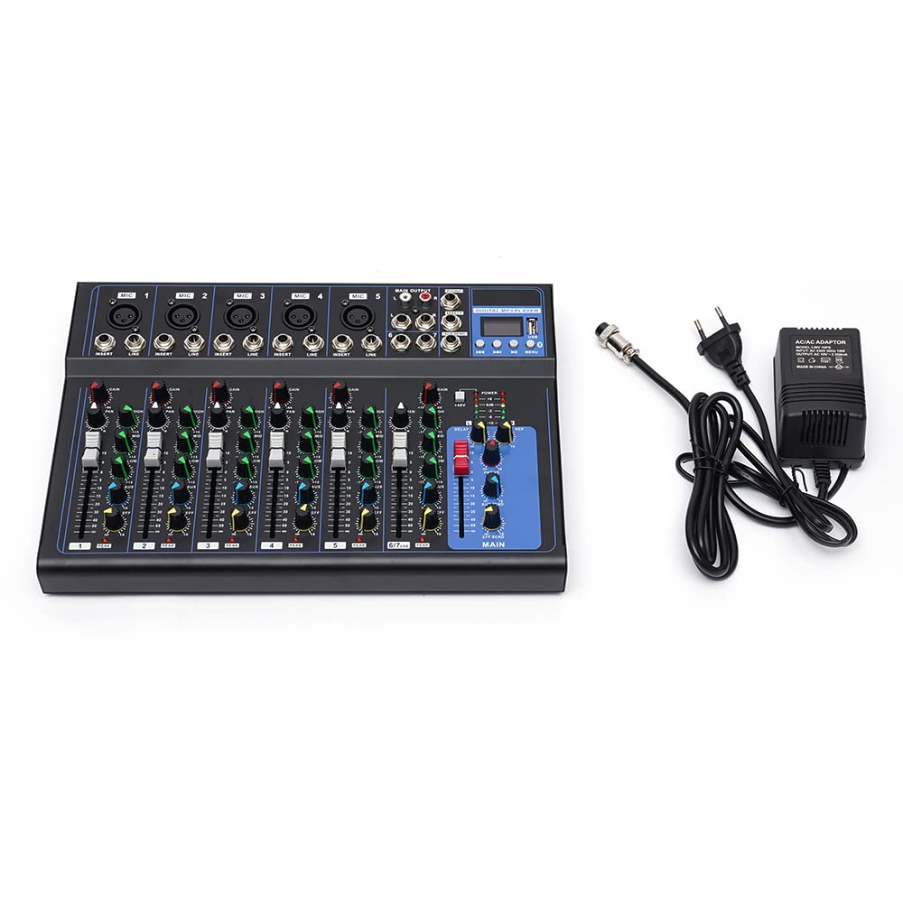 Audio DJ Mixer Soundboard Set de consola, 7 canales, 48 V, alimentación phantom con Bluetooth, USB, estéreo, Live DJ Studio Streaming para fiestas de grabación profesionales en el
