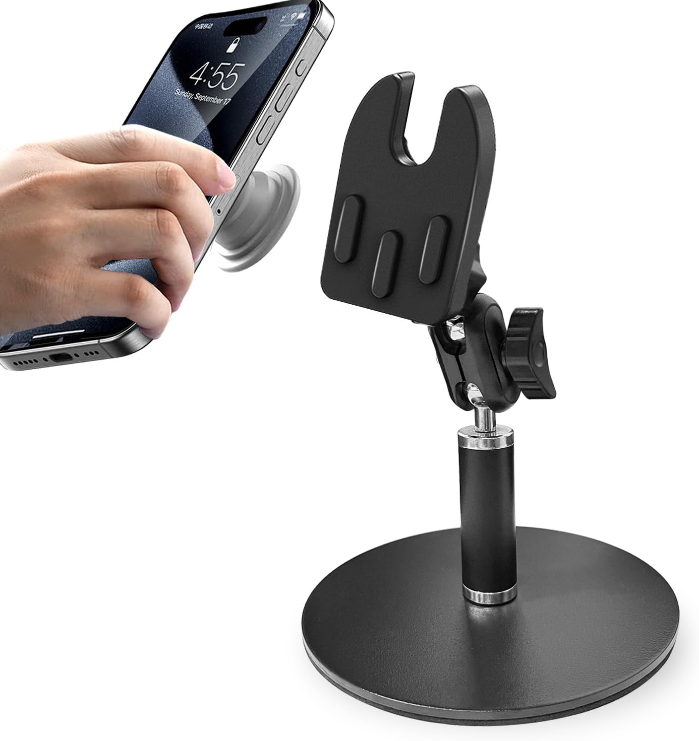 Desk Phone Stand for Pop Socket, Adjustable Desktop Cell Phone Holder Stand Cradle Heavy Duty Phone Mount for Desk, Office, Home, Kitchen, Compatible with All Popsocket