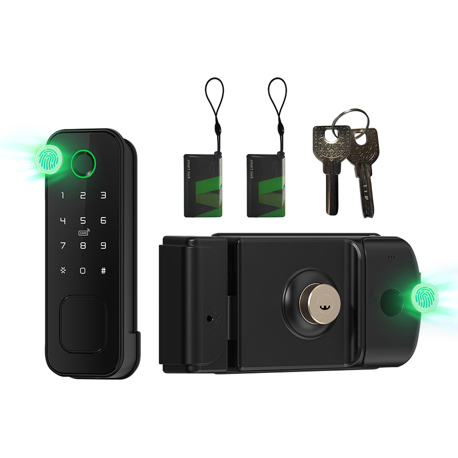 Serratura Smart da Esterno Impermeabile IP66 - Accesso con Impronta Digitale e Tessera su Entrambi i Lati - 5-in-1 con WiFi per Cancelli da Giardino (Nero)