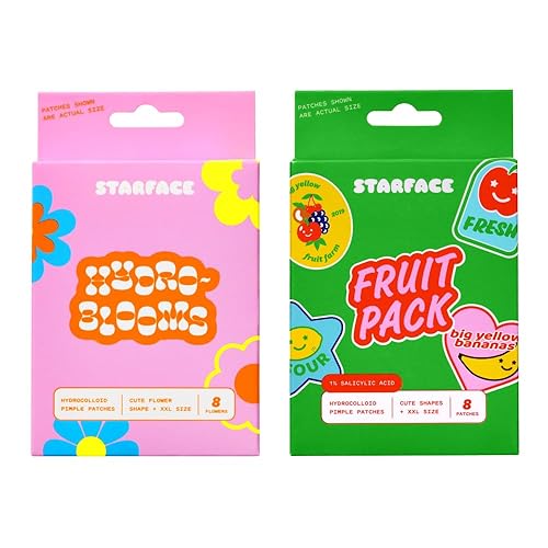 Starface XXL Patch Combo, Hydro-Blooms and Fruit Pack, parches hidrocoloides y ácido salicílico, tamaño grande para cara y cuerpo (16 unidades)