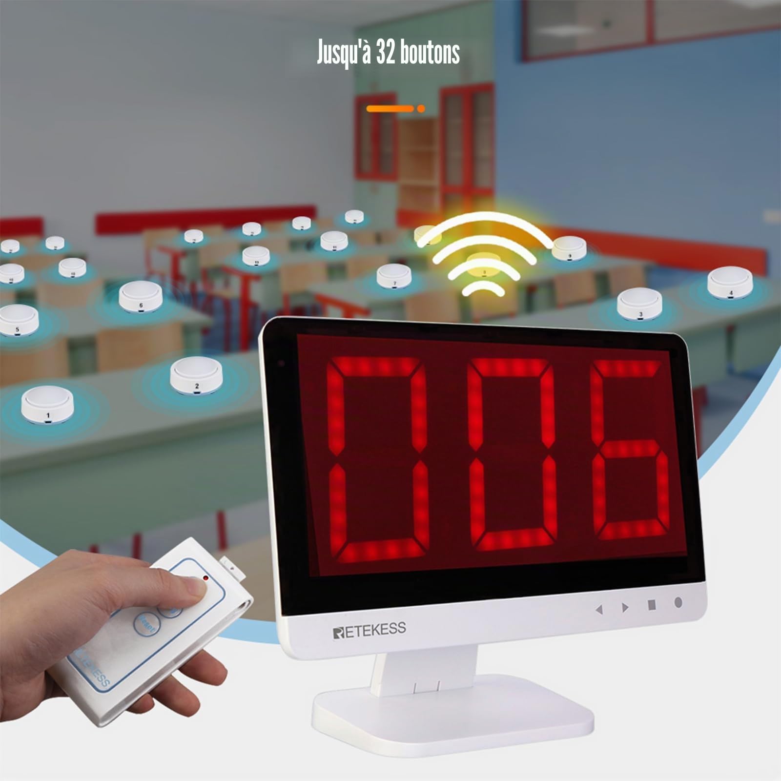Retekess TM101 Buzzer System, Buzzer avec Son et Lumière, Jusqu'à 32 Buzzers de Réponse, Portée de 80m, Télécommande sans Fil pour Les Jeux d'équipe, l'école et la Maisonl