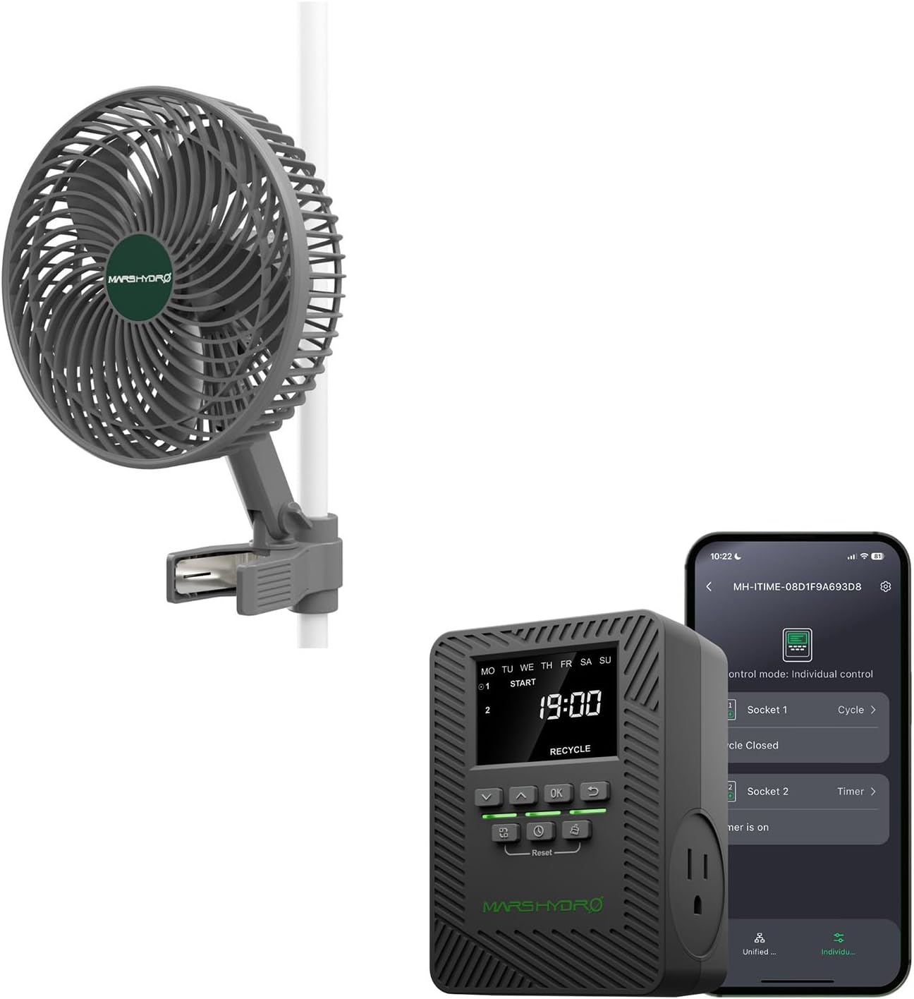 MARS HYDRO M6 Grow Tent Fan, 10 Speeds Powerful Oscillating Clip Fan and ITime 2-in-1 Smart Timer Outlet Dual Outlet App Control Custom Programmable 12 On/Off for Home Office and Plant Growth Use
