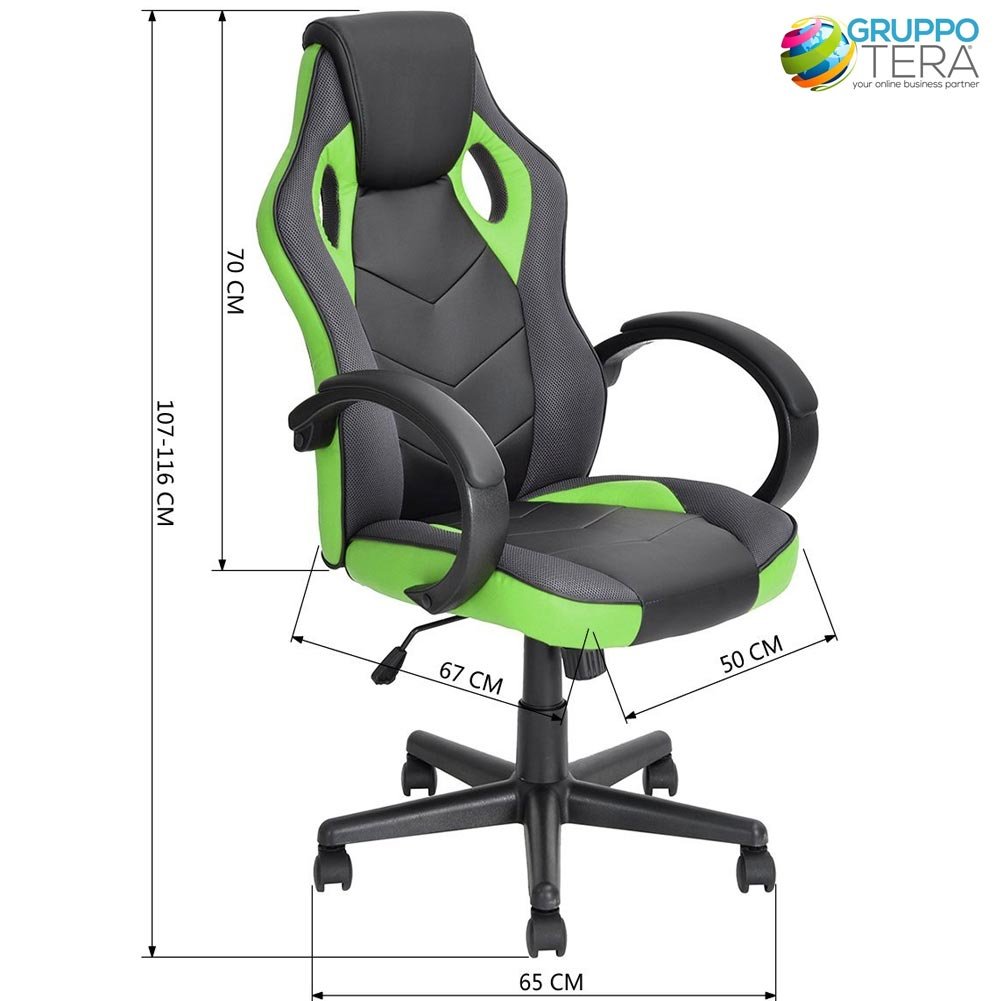 BAKAJI Silla Gaming Premium Profesional - Silla de Oficina direccional, Ruedas giratorias, Deportivas, para Oficina - Silla de Escritorio Ergonómica - Altura Regulable (Green)