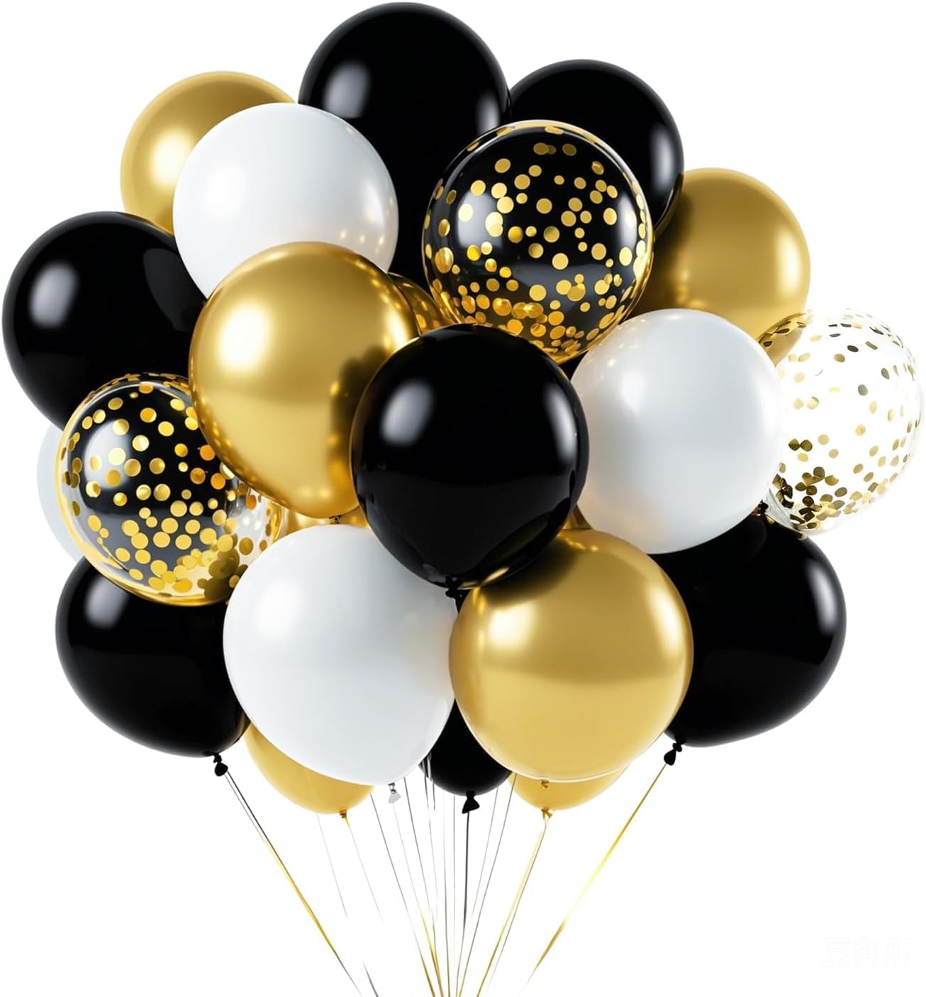 DRWKAY Black White Gold Confetti Balloons Garland Kit, 66Pcs 12 Inch Latex Party Balloons with Metallic Ribbons for Elegant Birthday Wedding Baby