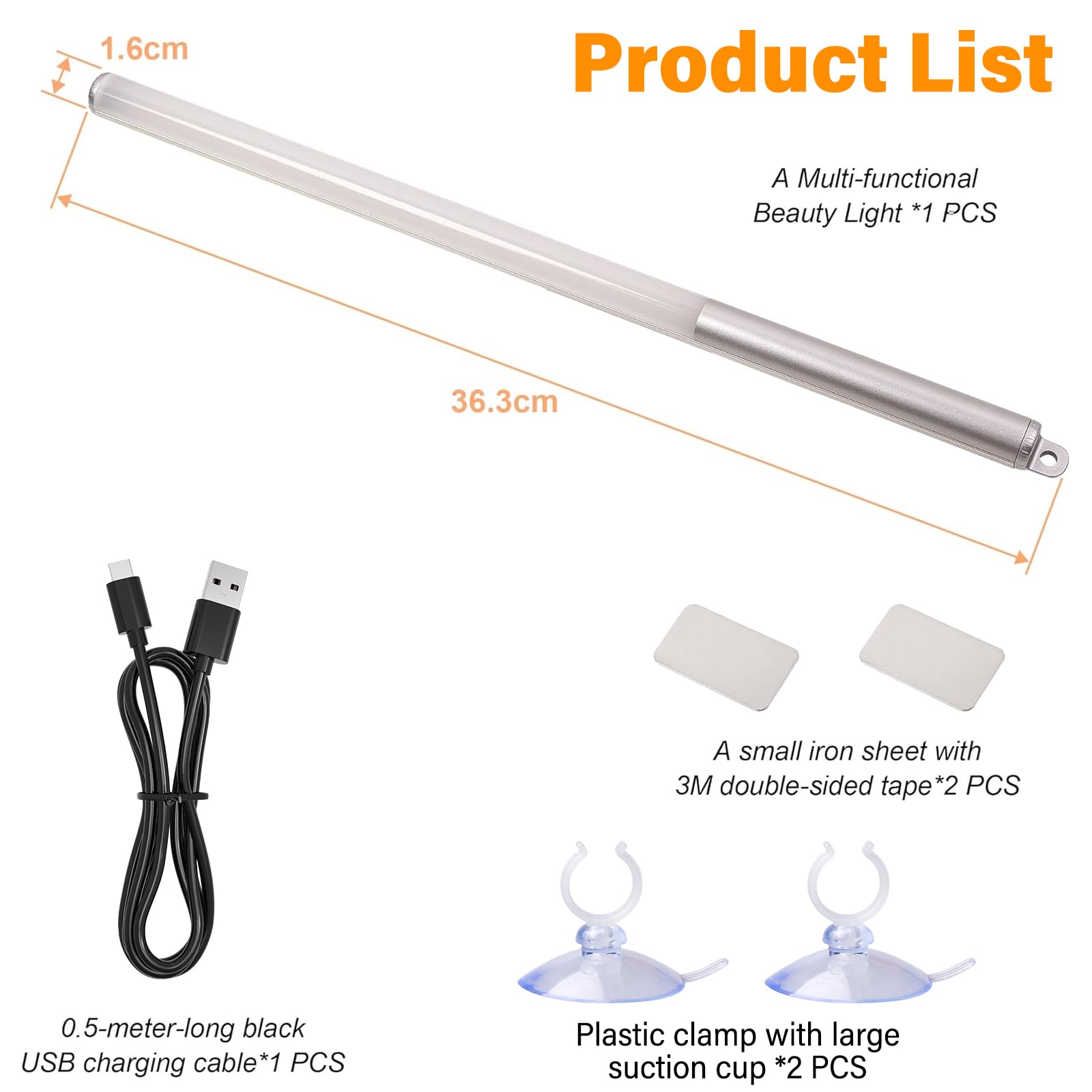 Przenośna lampa do makijażu LED 36 cm z przyssawką: 3 tryby i 10 poziomów jasności, kabel USB do ładowania w zestawie, idealna do sypialni, łazienki, garderoby lub szafy.