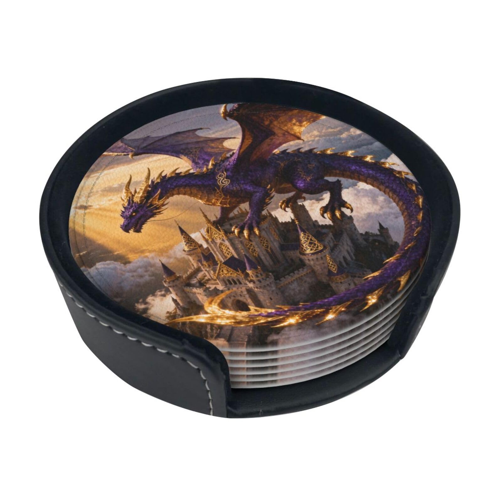 Cntdbu White Dragon Castle Sky Leather Coasters Set Of 6-Pu Leather Drink Mats For Table, Heat Resistant Round Coasters With Holder