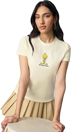 The Souled Store Looney Tunes: Say That Again Women and Girls Short Sleeves Round Neck Off White Embroidered Regular Fit C...