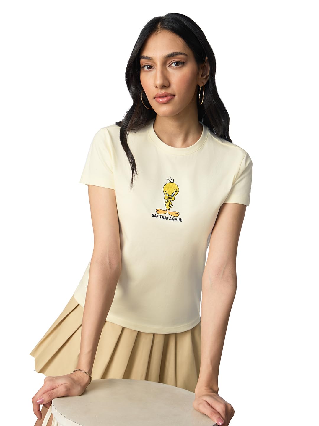 Looney Tunes: Say That Again Women and Girls Short Sleeves Round Neck Off White Embroidered Regular Fit Cotton T-Shirts-image-14