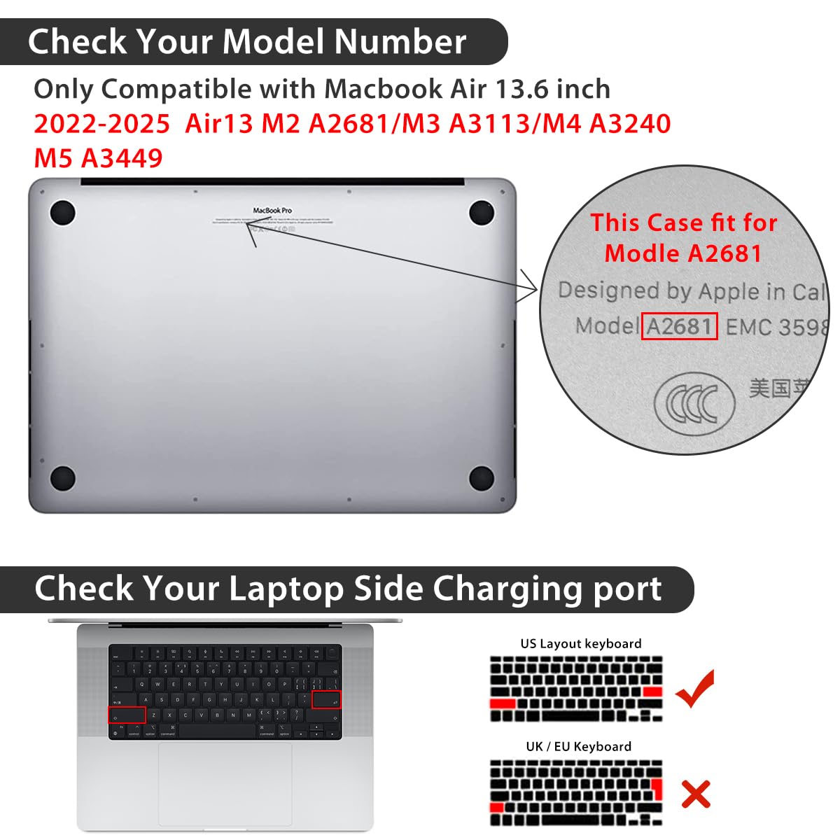 Compatible avec MacBook Air 13/13,6" version 2026-2022 M5 M4 M3 M2 modèle A3449 A3240 A3113 A2681, coque de protection rigide, protecteur de clavier, film d'écran et protection pour webcam