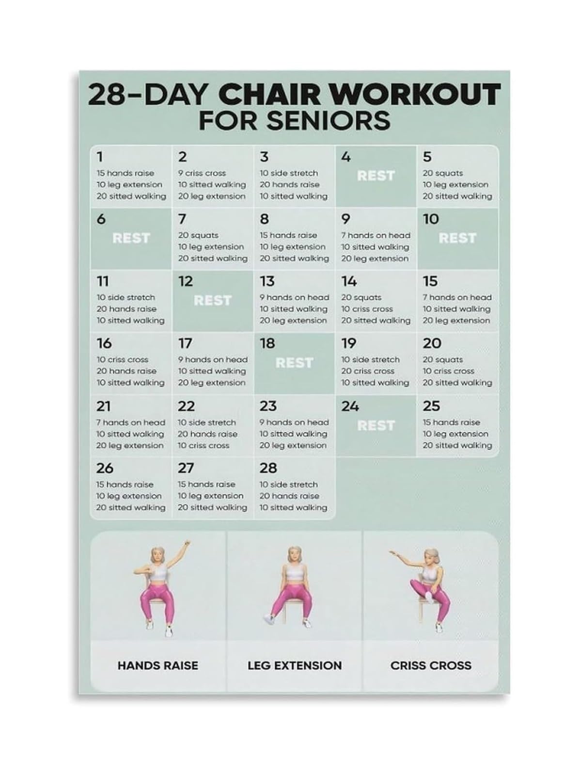 LLBOGRGGN Elderly Fitness Poster - Chair Workout Wall-Art for Seniors, Home Workout Guide, Senior Citizen Exercise Chart(Unframed,16X24inch(40X60cm))