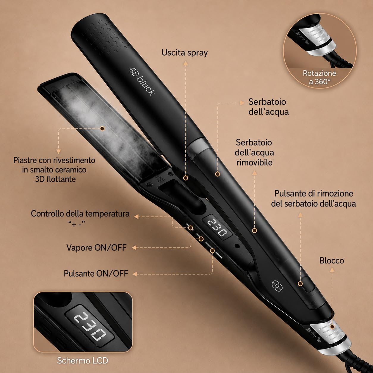 Golden Goods Piastra per capelli 2 in 1 Steampod Pro Vapore potente, Steampod Black Edition per capelli lisci e ricci, piastra capelli
