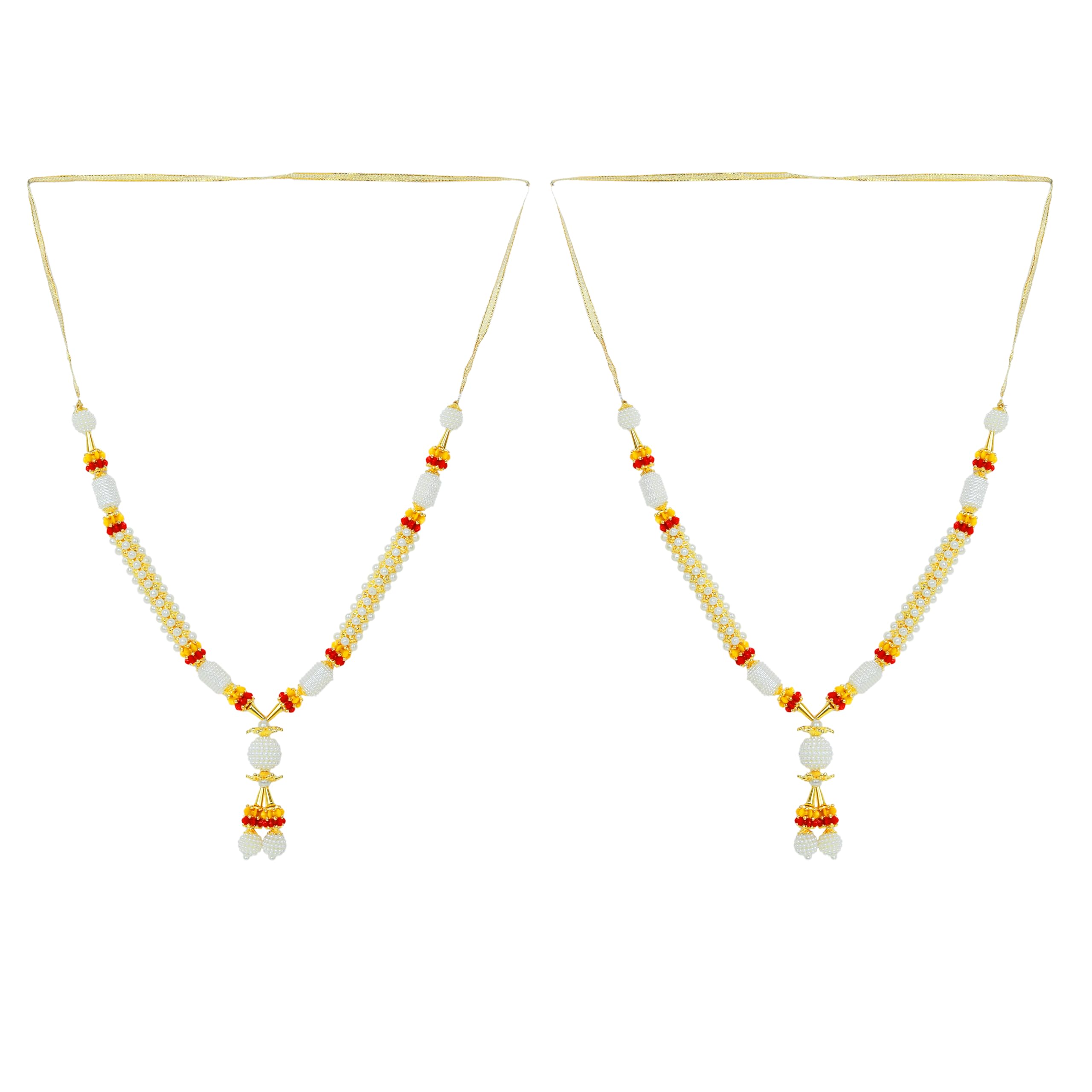 Set of 4 Mala Artificial Beaded Moti Mala Ribbon Garland Mala for Idol-Mala for God Statues Accessories Pooja Sringar Articles Ornament for Indian Traditional Ganesha Decoration(Size:-7")(White,Red)