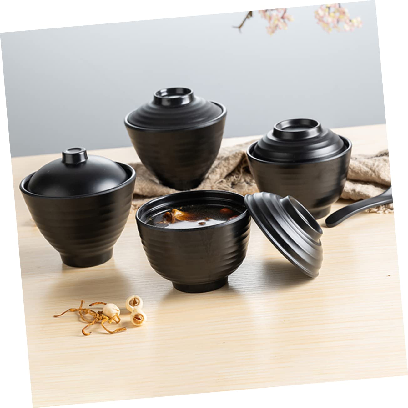 Cabilock Japanese Style Soup Bowl 1 Set Simulation Threaded Bowl Lid for Storage Serving