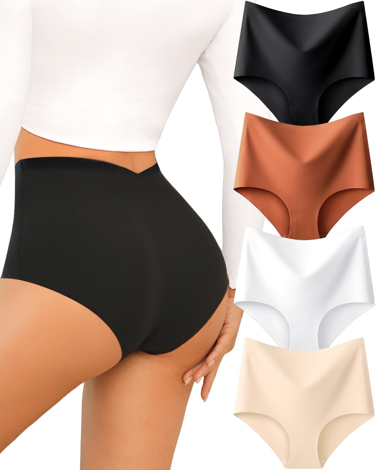 UNDER THE SEA Seamless Underwear for Women High Waisted V-Shaped Back Briefs Soft No Show Womens Panties 4 Pack S-XXL