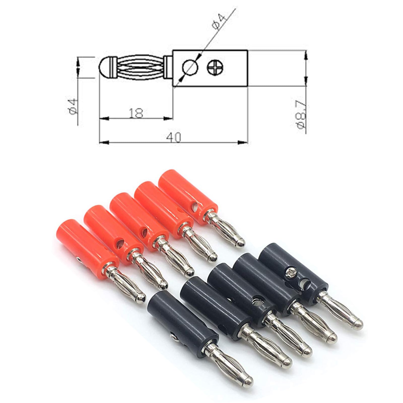 Lot de 10 fiches bananes de 4 mm - Noir et rouge - Connecteurs pour haut-parleurs audio, amplificateur