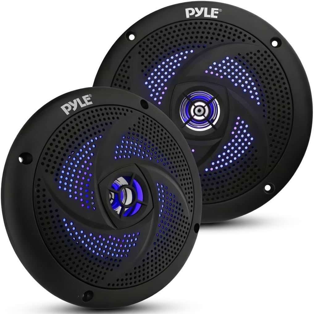 Pyle Marine Waterproof Speakers 6.5” - Low Profile Slim Style Wakeboard Tower and Weather Resistant Outdoor Audio Stereo Sound System with LED Lights and 240 Watt Power - 1 Pair in Black - PLMRS63BL