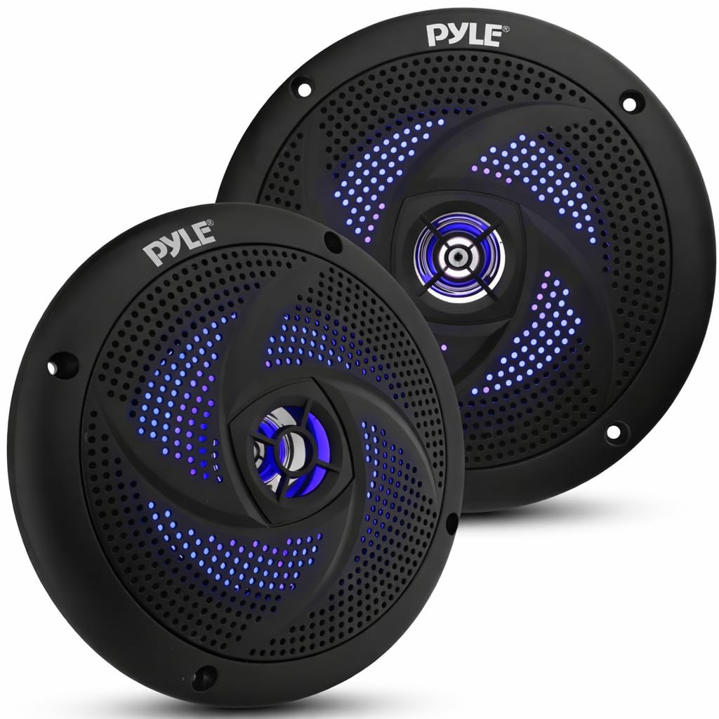 Marine Waterproof Speakers 6.5” - Low Profile Slim Style Wakeboard Tower and Weather Resistant Outdoor Audio Stereo Sound System with LED Lights and 240 Watt Power - 1 Pair in Black - PLMRS63BL