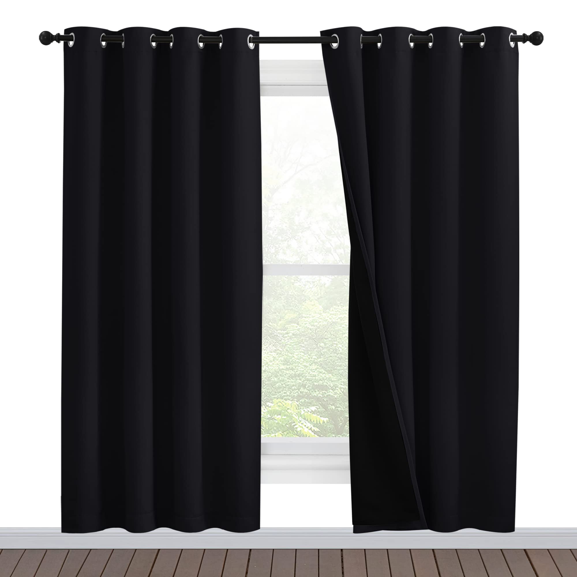 NICETOWN 100% Blackout Window Curtain Panels, Full Light Blocking Drapes with Black Liner for Nursery, 78 inches Drop Thermal Bedroom Drapes and Curtains (Black, 2 Pieces, 55 inches Wide Per Panel)