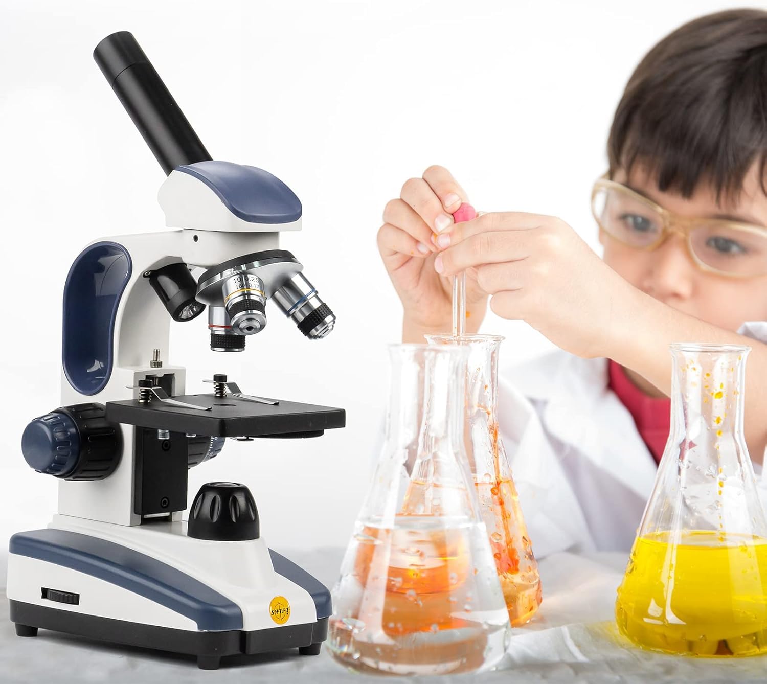 Swift Microscopio monocular Compuesto SW200DL con Aumento de 40X-1000X, luz Dual, Enfoque Fino de precisión, Ocular de Campo Ancho 25X y Capacidad inalámbrica para Estudiantes Principiantes