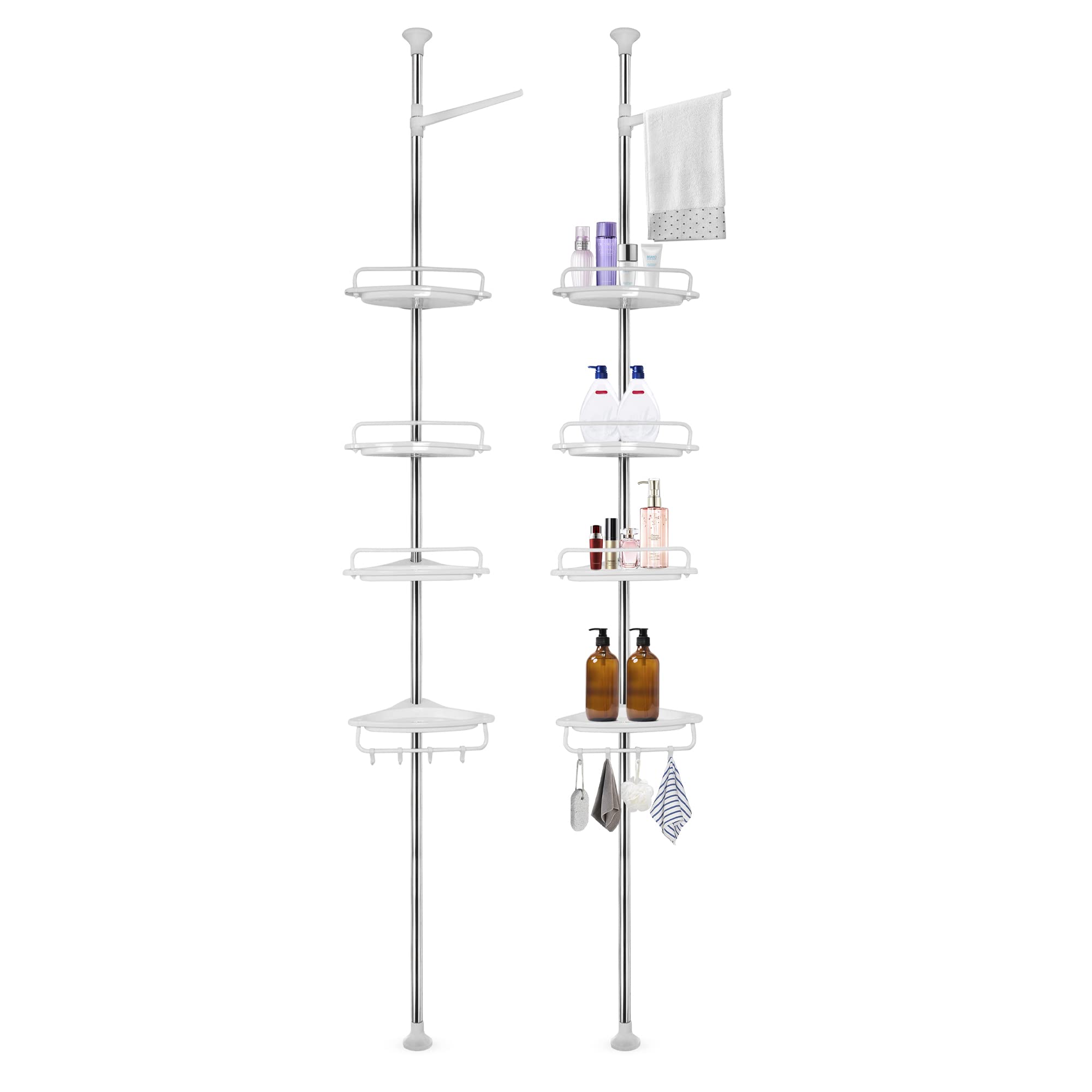 ASAB 4 Tier Telescopic Shower Caddy Bathroom Corner Shelf Storage Adjustable Bathroom Shelf Storage Organiser Extendable Shower Pole Caddy Rack Shampoo Soap Holder Rustproof Easy Assembly