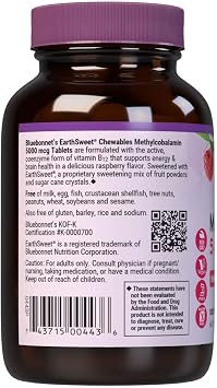 Bluebonnet Nutrition EarthSweet Methylcobalamin 5,000 mcg Active Coenzyme Form of Vitamin B12 Supports Energy Boost & Metabolism - Vegan, Gluten-Free - Raspberry Flavor - 60 Chewable Tablets