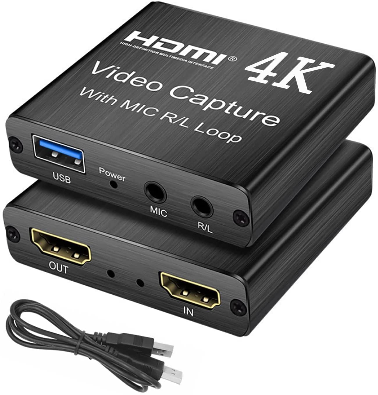 Capturadora de Video, Tarjeta de Captura Vide HDMI con Entrada de Micrófono de 3.5 mm y Salida de Audio, 4K HD 1080P Salida de Bucle USB 2.0, para Windows10,MacOS,OBS,PS4,Switch, Xbox One,Cámara,PC