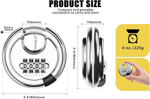 Miniatura 2 de Cerradura de disco de combinación de 4 dígitos con grillete de acero endurecido, cerradura plateada para cobertizos, área de almacenamiento,