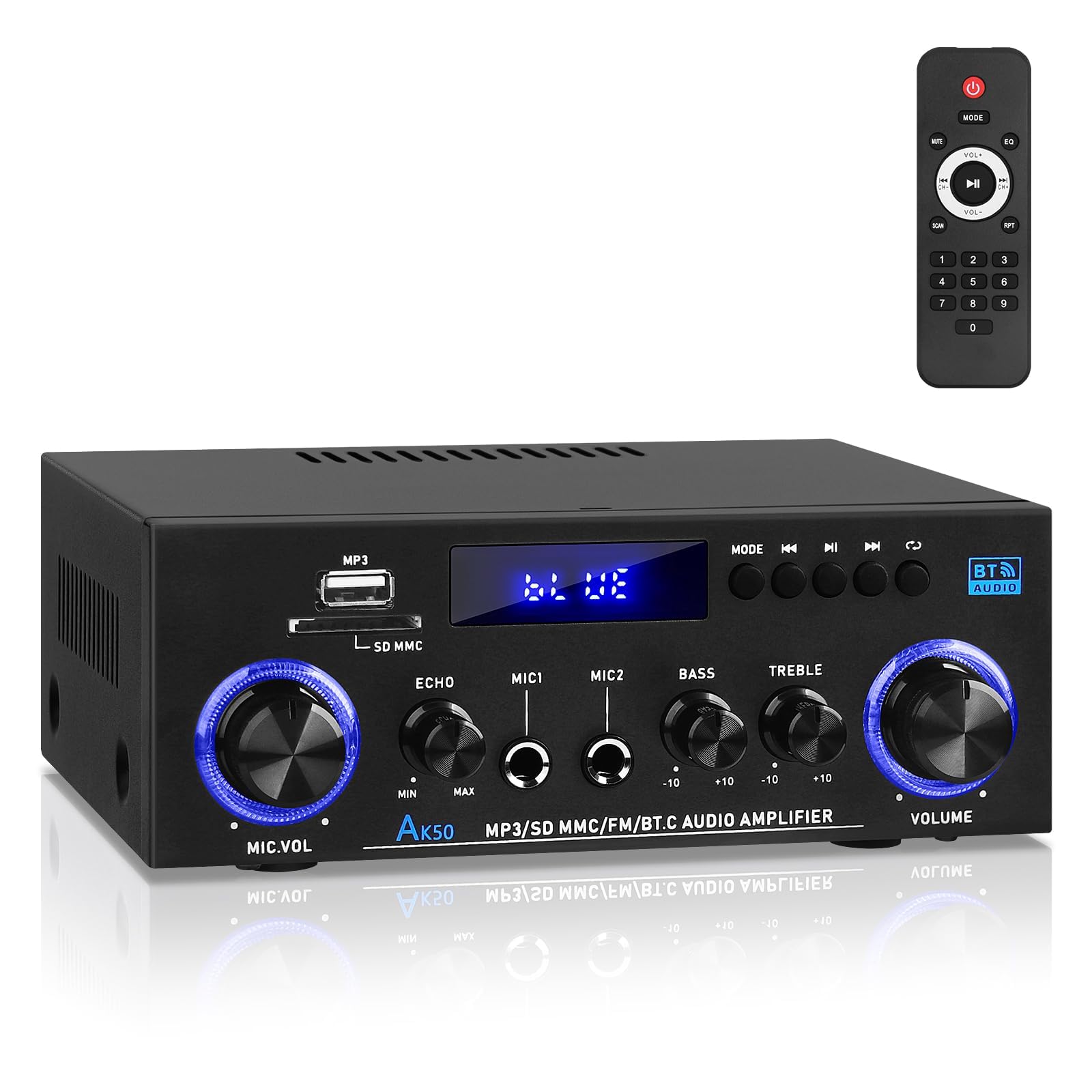 AK50 - Amplificador Hi-Fi con Bluetooth RMS 60WX2 - Amplificador de audio estéreo | Receptor de 2.0 canales, máx. 400 W, amplificador de altavoz con radio FM, eco, micrófono, USB, entrada SD para el hogar