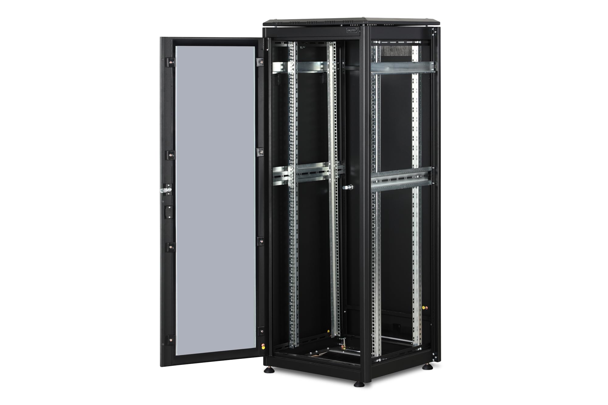 DIGITUS Armario de red – Rack de 19 pulgadas – 32U – 60 x 60 cm – Profundidad útil 54,3 cm – Capacidad de carga 1200 kg – Independiente – Puerta de cristal – IP20 – Serie Unique – Negro