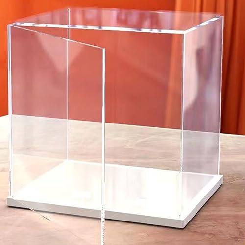 Exhibición de acrílico transparente que se puede abrir, caja de encimera con base blanca para exhibir, vitrina de protección a prueba de polvo para