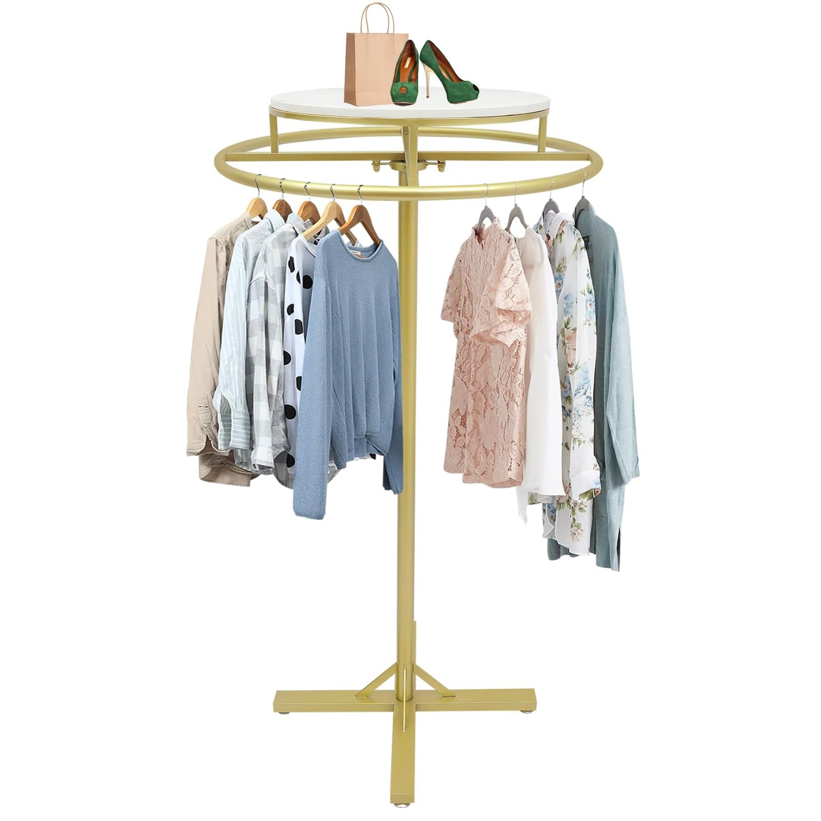 HPTHLY Rotatable Spiral Clothing Rack With Table – Freestanding Garment Display For Retail Stores, Boutiques & Fash Merching (Gold)