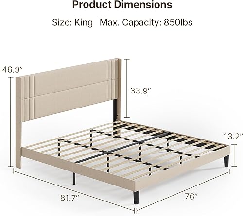 Miniatura 76 de Gizoon Base de cama Queen con cabecera de ala, plataforma tapizada con cabecera geométrica moderna, listones de madera, sin ruido, no necesita