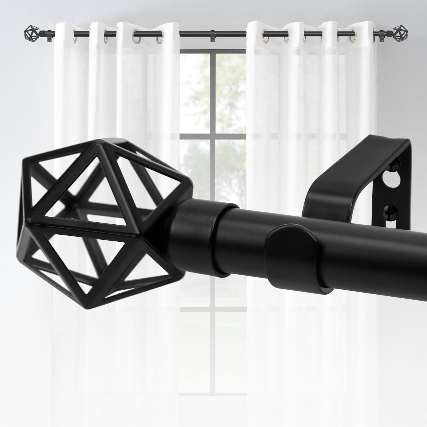 ASHLEYRIVER Black Curtain Rod 72-144 inch, 1 Inch Adjustable Curtain Rod, Telescoping Splicing Heavy Duty Curtain Rods with Decorative Geometric Finials, 30"-150"