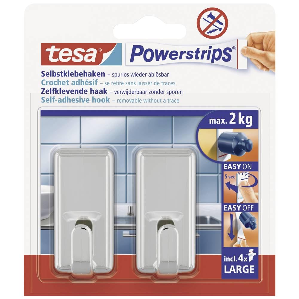tesa Powerstrips Hooks Large CLASSIC - Removable Self-Adhesive Wall Hook for Glass, Tiles, Wood, Plastic and Other Surfaces - Chrome - Holds Up to 2 kg