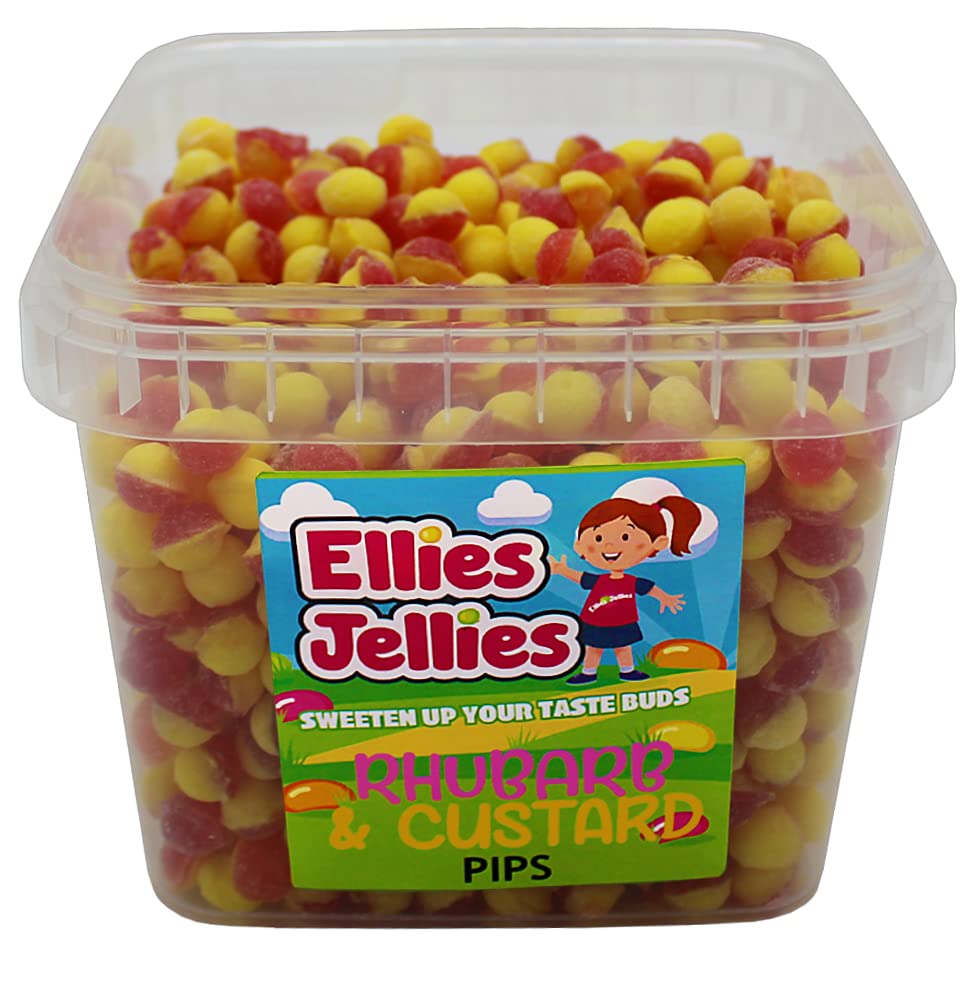 Ellies JelliesRhubarb & Custard Pips- 834g Square Tub- Classic Traditional Sweet- Red and Yellow Pips- Super Fizzy