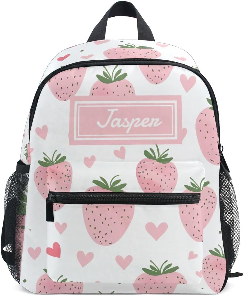 CHIFIGNO Personalized Kid's Toddler Backpack Back to School, Custom Mini Backpacks Travel Book Bag for Girls Boys, Pink Strawberries Hearts