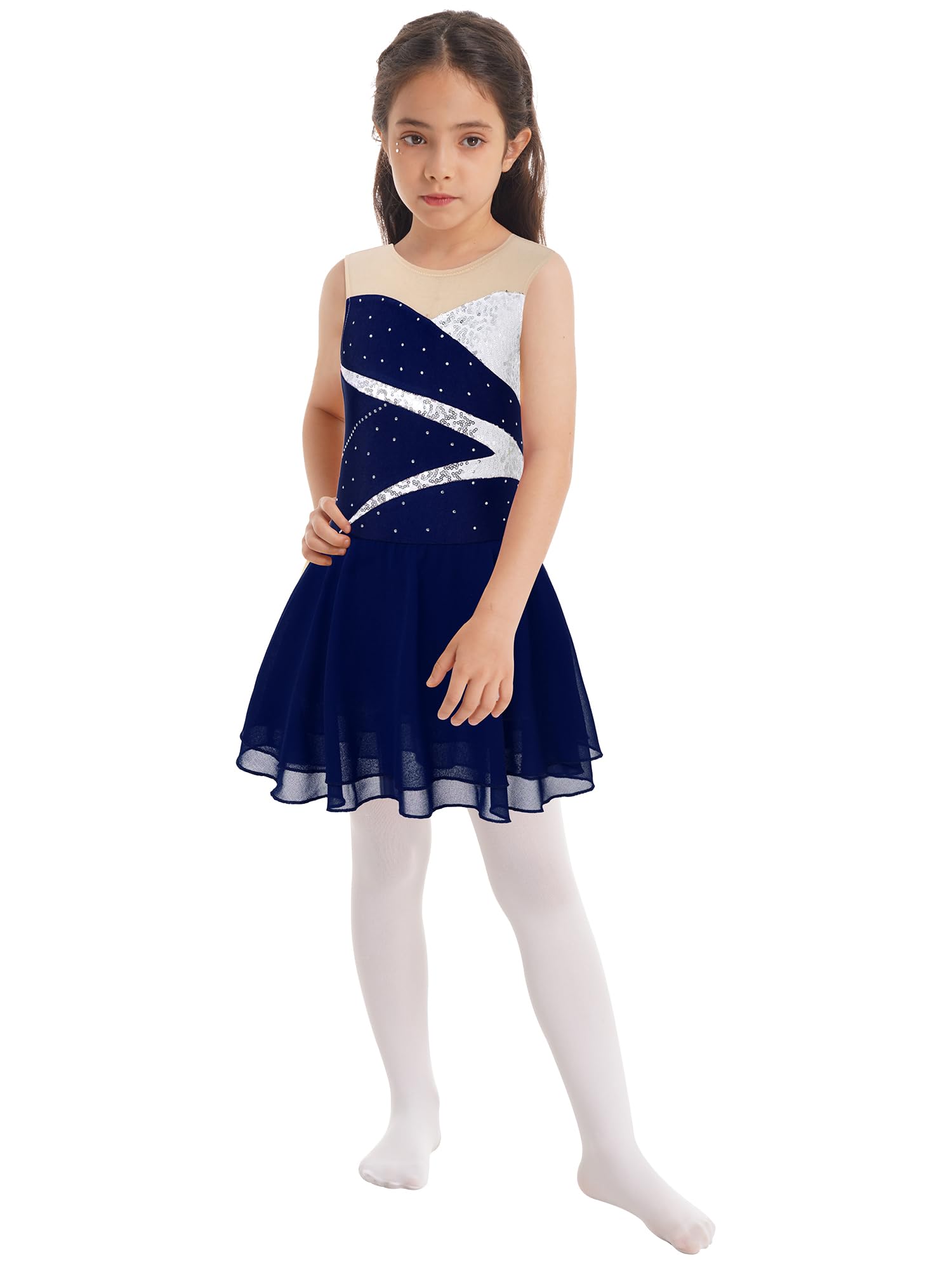 TTAO Justaucorps Danse Enfants Filles Robe Tutu Strass Robe Patinage Artistique Costume Danse Ballet Gymnastique Robe Latine Tango Body Sport 7-16 Ans Bleu B 5-6 ans