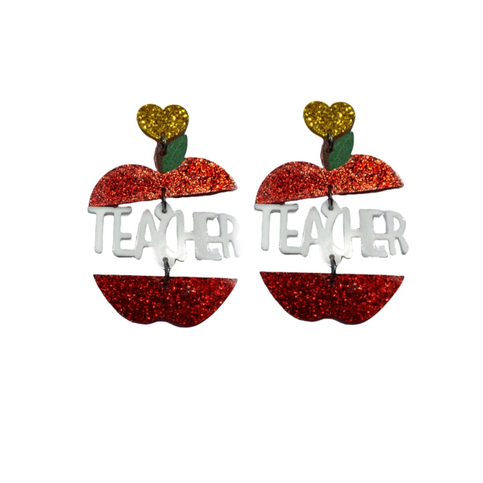 Cute Apple Techer Glitter Acrylic Dangle Earrings for Women Funny Handmade Heart Fruit Teacher Earrings Creative Teacher Appreciation Gifts