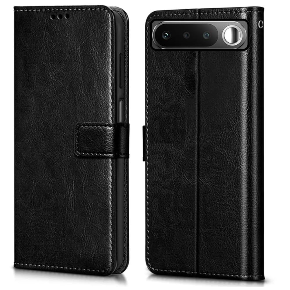 Leather Flip Case Cover Compatible with Back case Cover for Realme 16 5G | Hand-Stitched Leather Finish| Lightweight| Inbuilt Card Pockets |(Black)