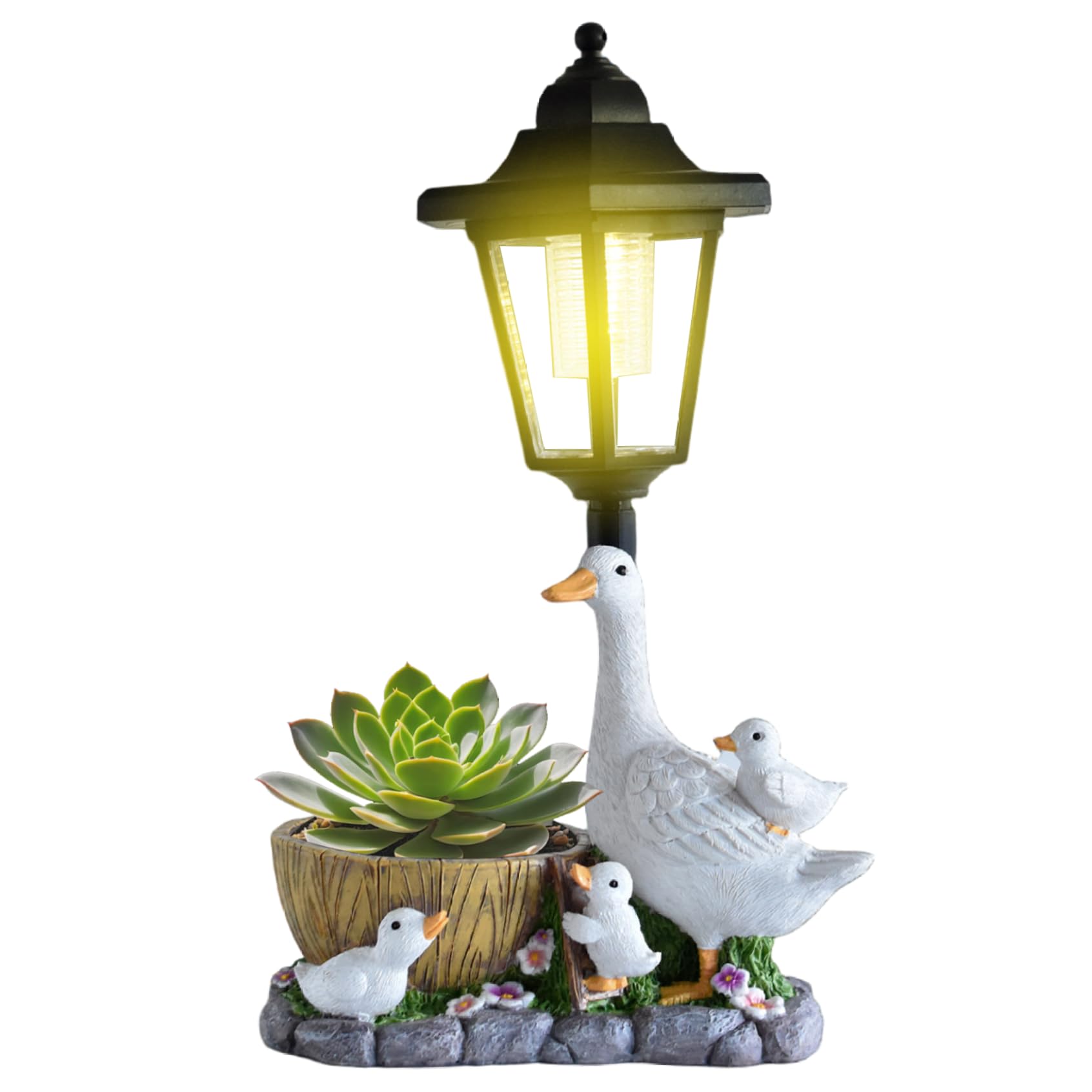 Comebachome Duck Ornaments with Solar Lantern Resin Family of Duck Statue Solar Garden Ornaments for Porch Patio Lawn Backyard 6.7x4.1x12.2 inch, Summer Use