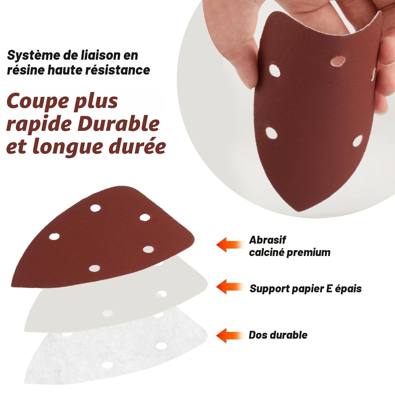 Papier de Verre Triangles de Ponçage 60 Pièces, 5 Trous Feuilles Abrasives Grain P40/80/120/180/240/320 pour Ponceuse Triangulaire