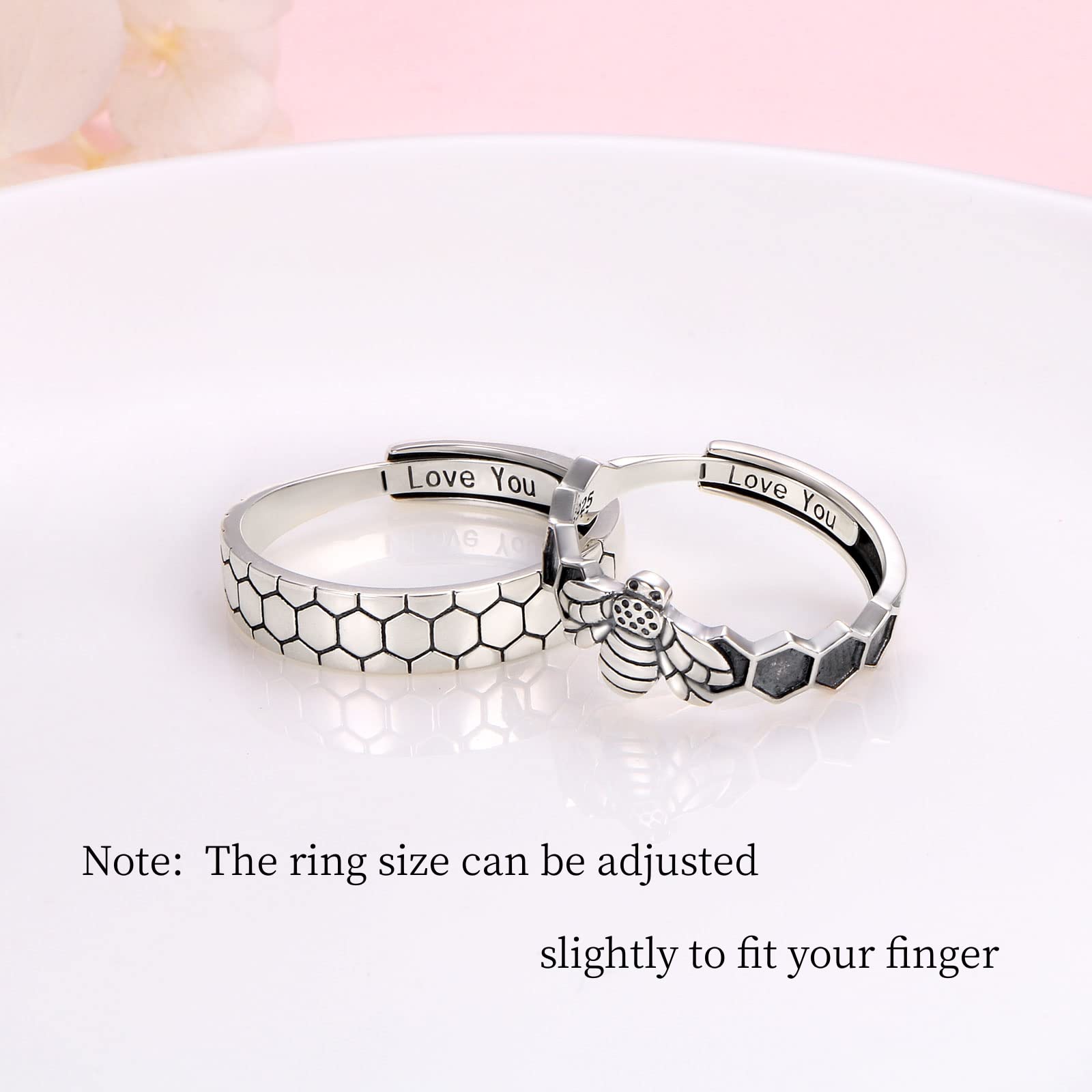 Juego de anillos de pareja de panal de abeja, plata de ley 925, bonito anillo de combinación de animales para parejas, grabado "I Love You", anillo de compromiso ajustable para él y para ella