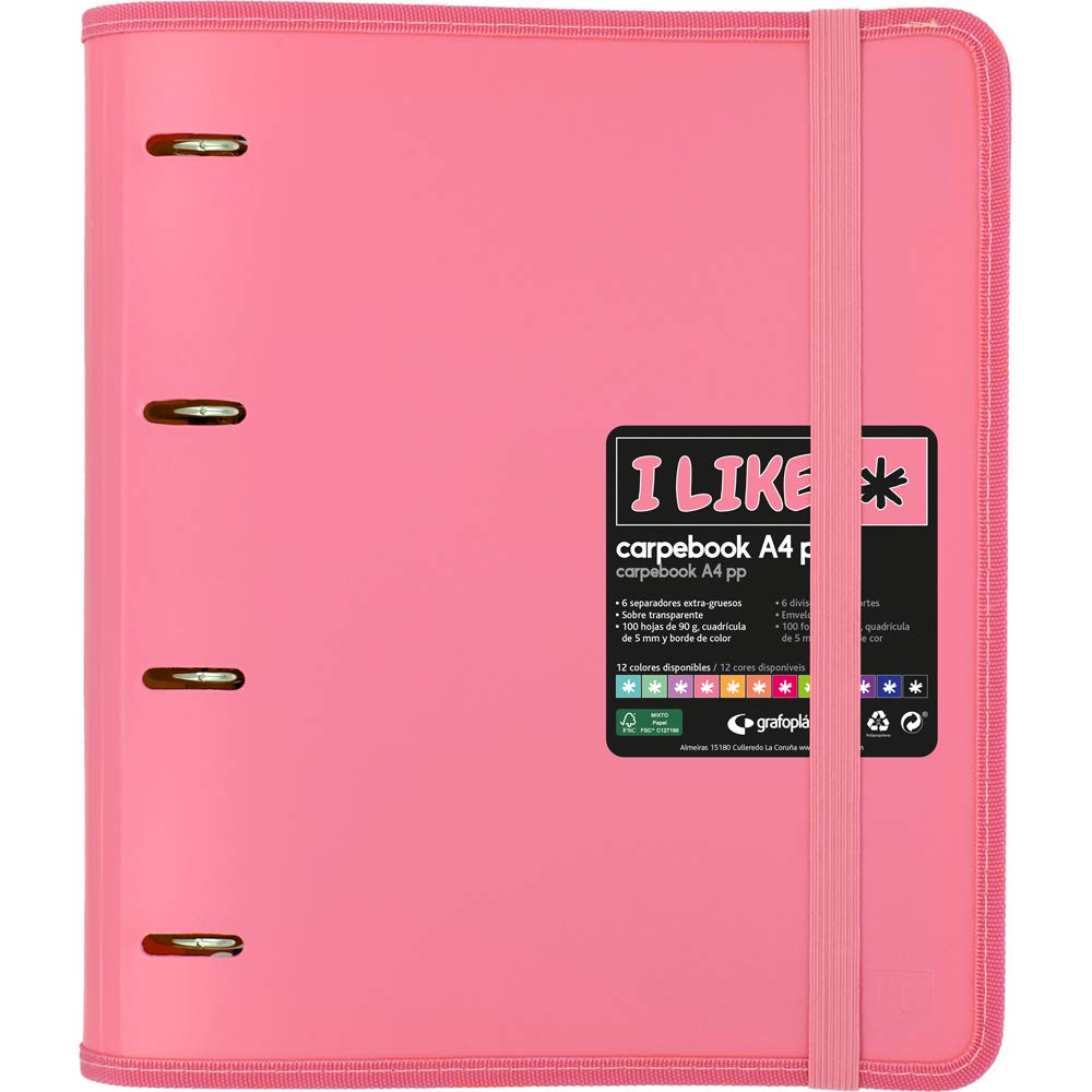 Grafoplas 88100553 Carpebook Like Ring Binder with 4 Rings A4 Light Pink Refill Pages 6 Dividers Transparent Cover