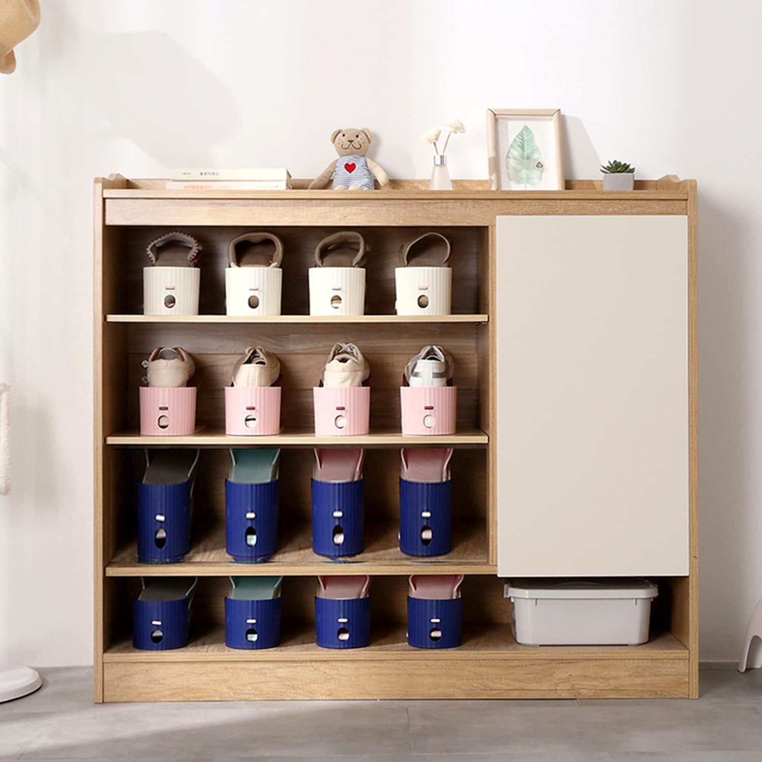 MACIUM Shoe Slots Organizer, Double Layer Adjustable Shoe Rack Holder, Detachable Shoes Storage Shelf, Space Saver Shoe Stacker for Closet Organization (Blue White 5pcs)