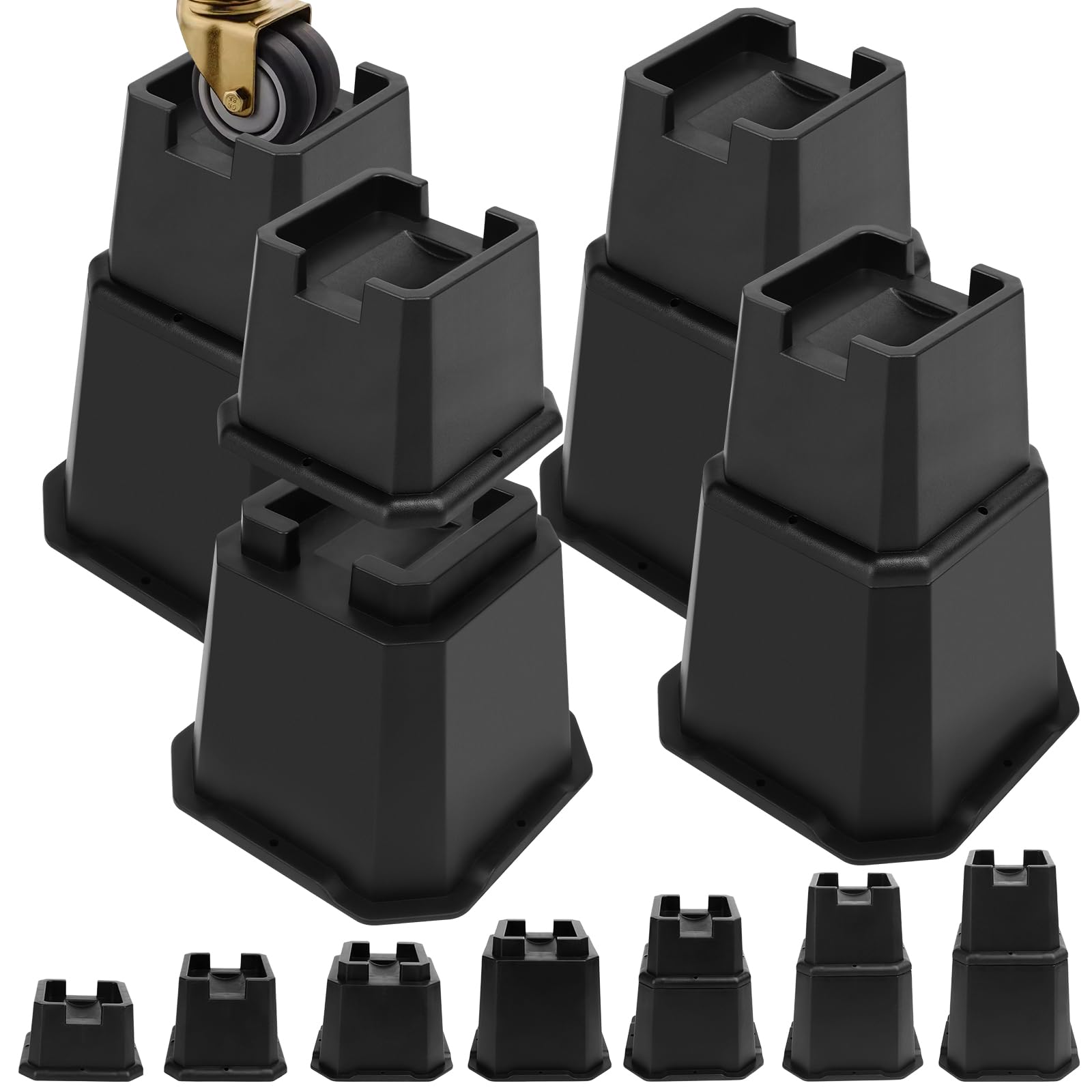 MCXYEM Adjustable Bed Furniture Risers Elevation in Heights Heavy Duty Risers for Both Posts and Wheels of Furniture Sofa Bed Couch Table (Black 4 Pack, 8 Inch)