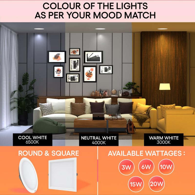Image of Hi-Fi OLLO 15-watt Square LED Downlighter | LED Ceiling Light for Home and Hall | Cut Out: 68 mm, Color: Warm White Light, (3000K) Pack of 10-Polycarbonate