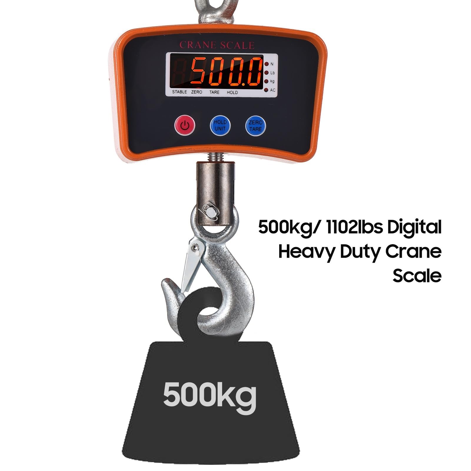 Bilancia per Gru, 500kg/ 1102lbs Bilancia sospesa for gru industriale 1500mAh a gancio Cambio unità/Blocco dati/Tara/Zero