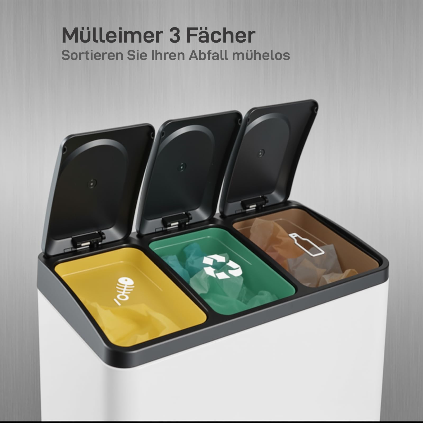 Clevich Mülleimer 3 Fächer, 3 x 15 L Mülltrennsystem mit Deckel, 45 Liters Edelstahl Treteimer, Abnehmbare Inneneimer mit Tragegriff, Abfalleimer für Küche, Büro (Weiß, 3 x 15 L)